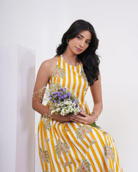 Sunlit Palm Stripe Pure Cotton Halter Dress