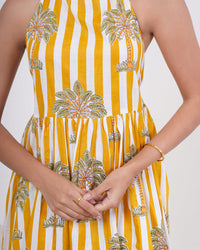 Sunlit Palm Stripe Pure Cotton Halter Dress