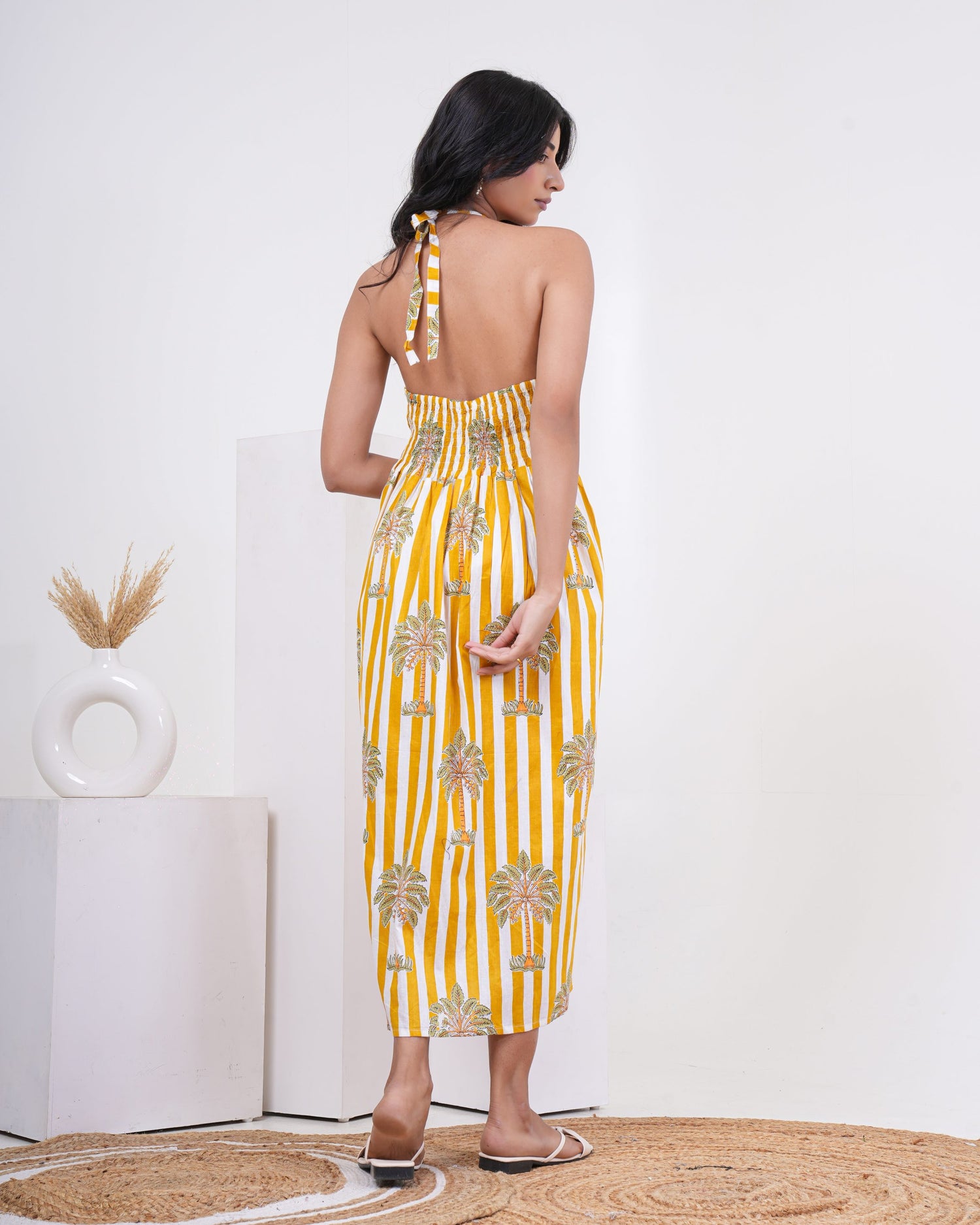 Sunlit Palm Stripe Pure Cotton Halter Dress
