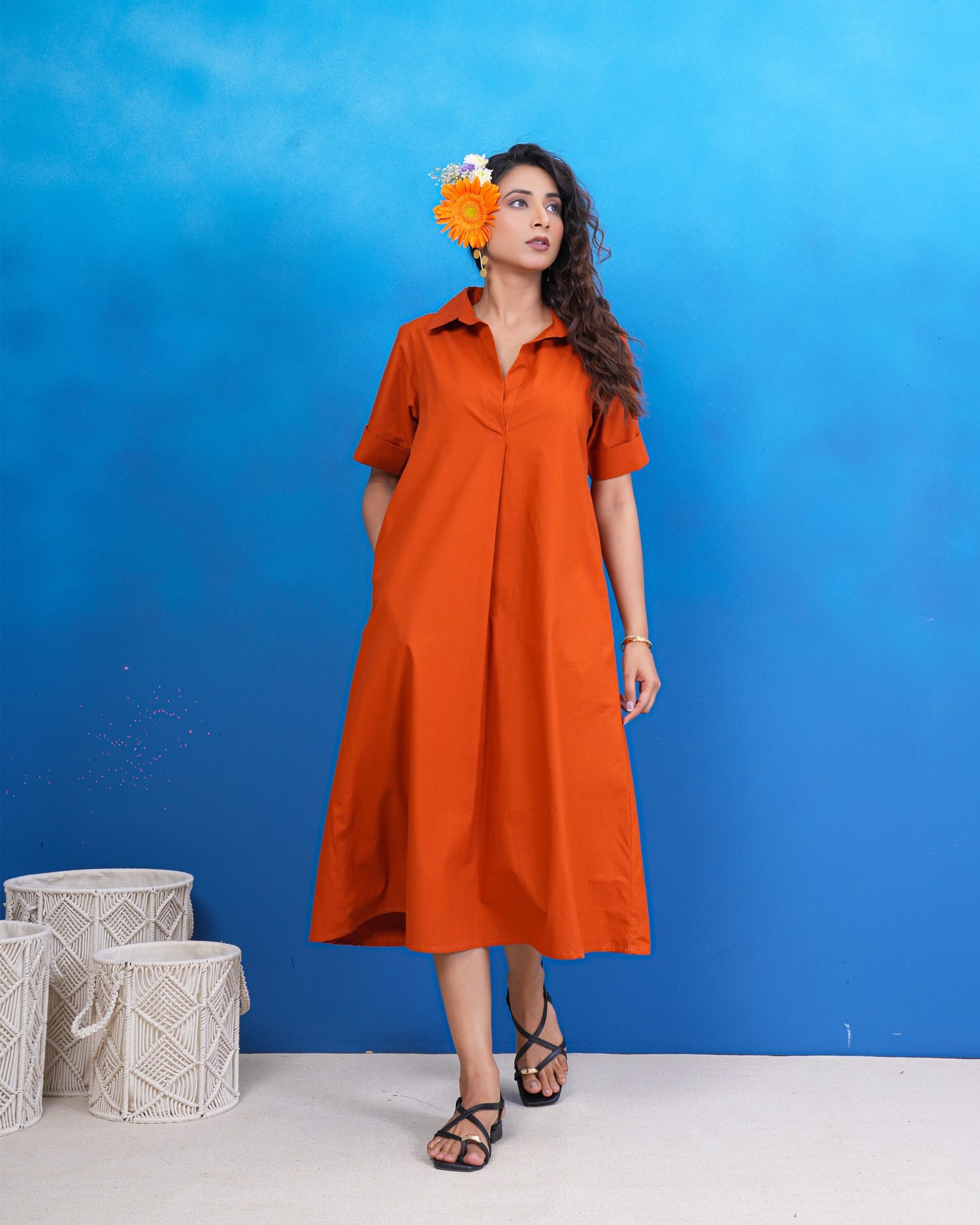 Terracotta Breeze Cotton Midi Dress