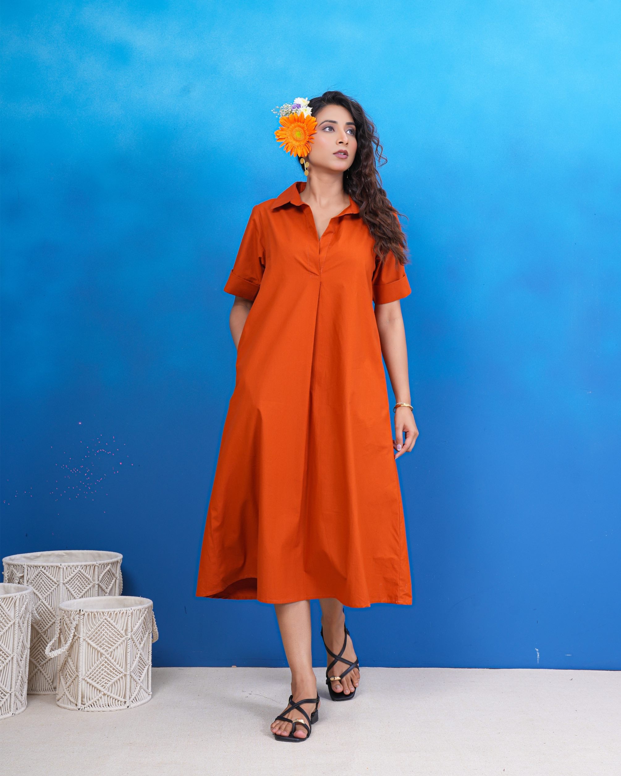 Terracotta Breeze Cotton Midi Dress