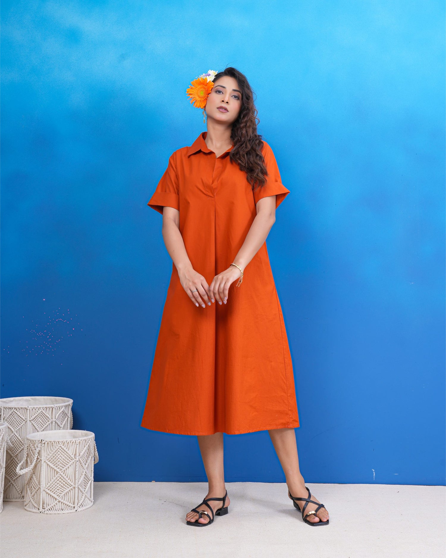 Terracotta Breeze Cotton Midi Dress