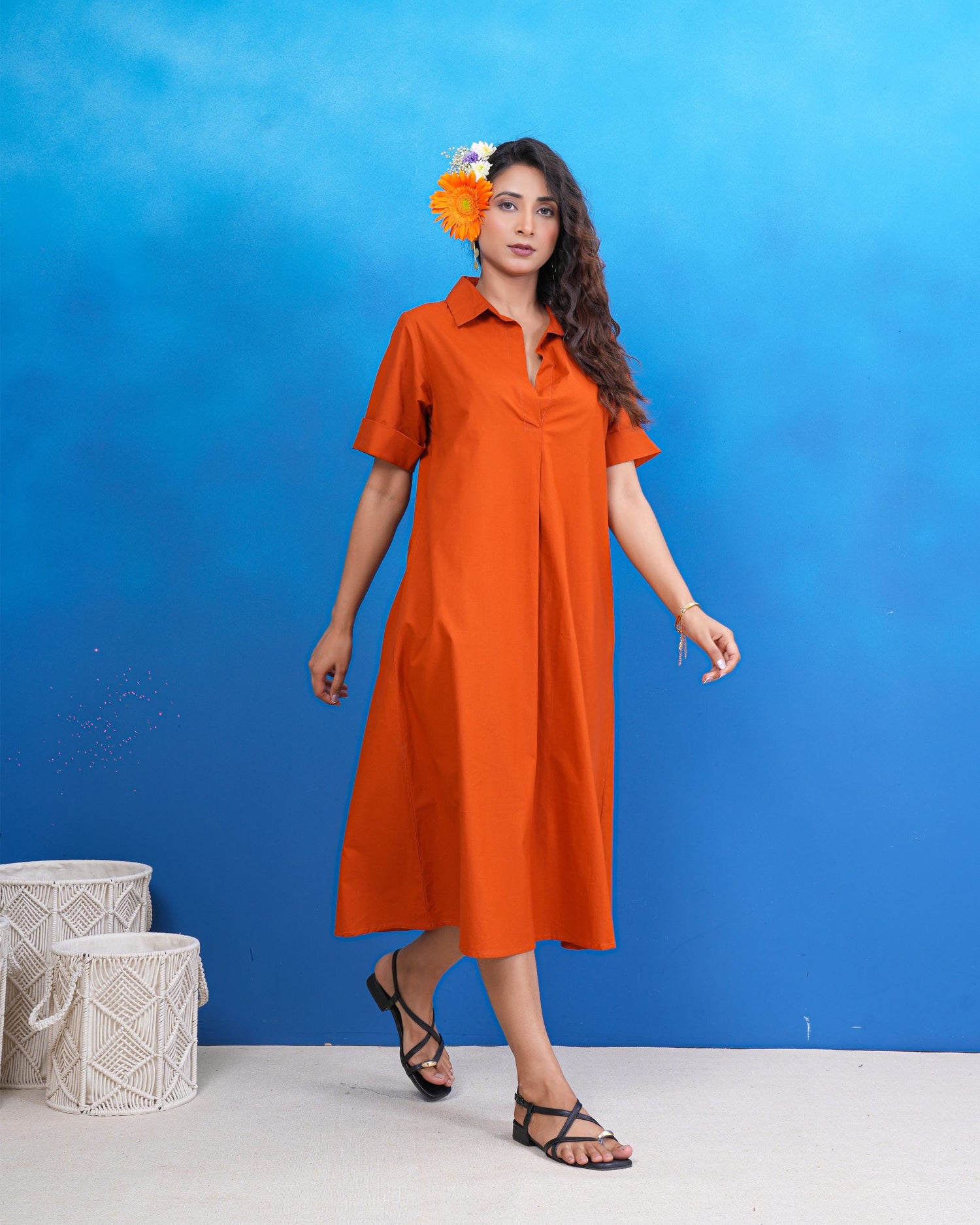 Terracotta Breeze Cotton Midi Dress
