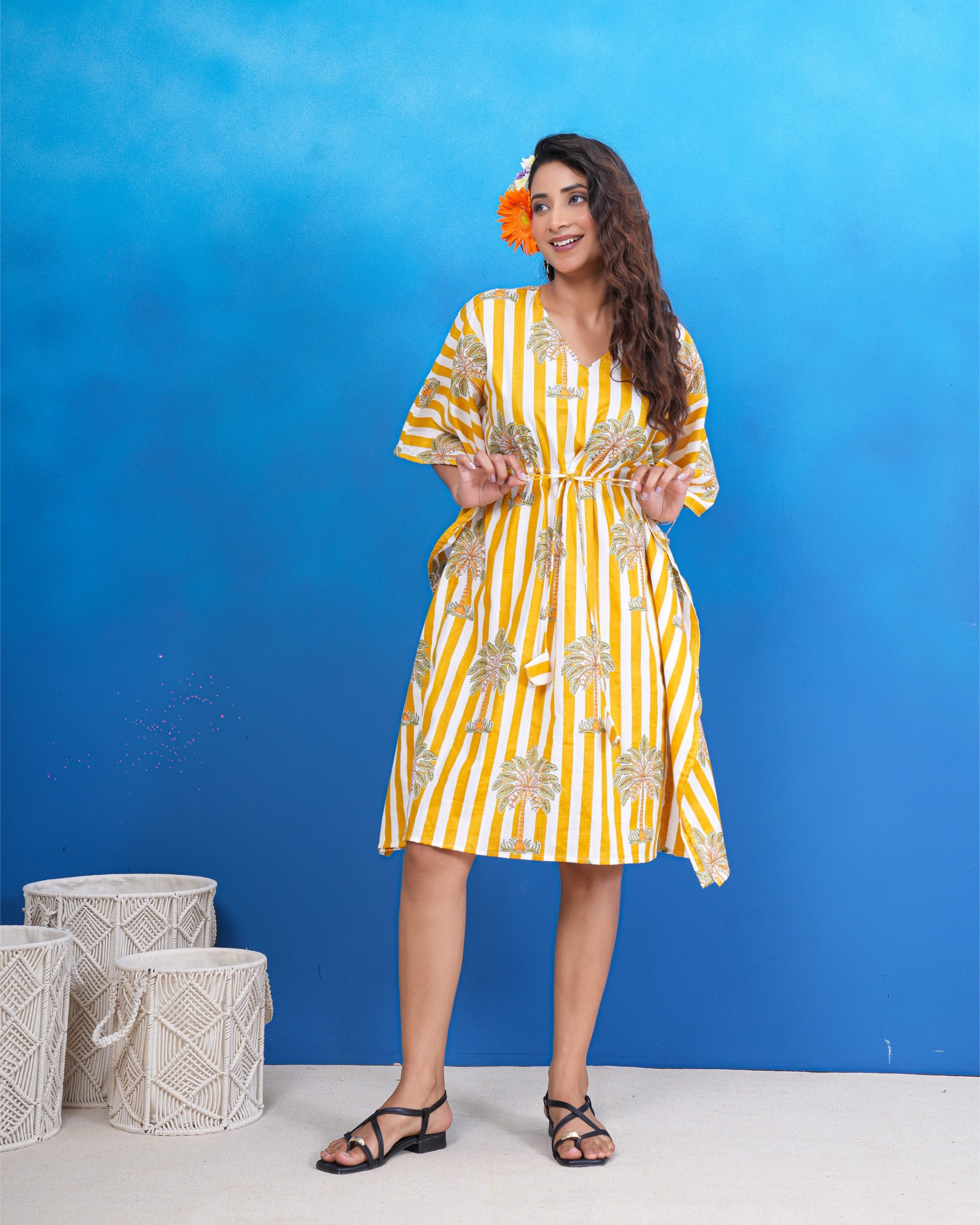 Sunlit Palm Breeze Kaftan Dress
