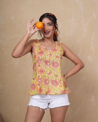 Golden Bloom Floral Pure Cotton Kurti