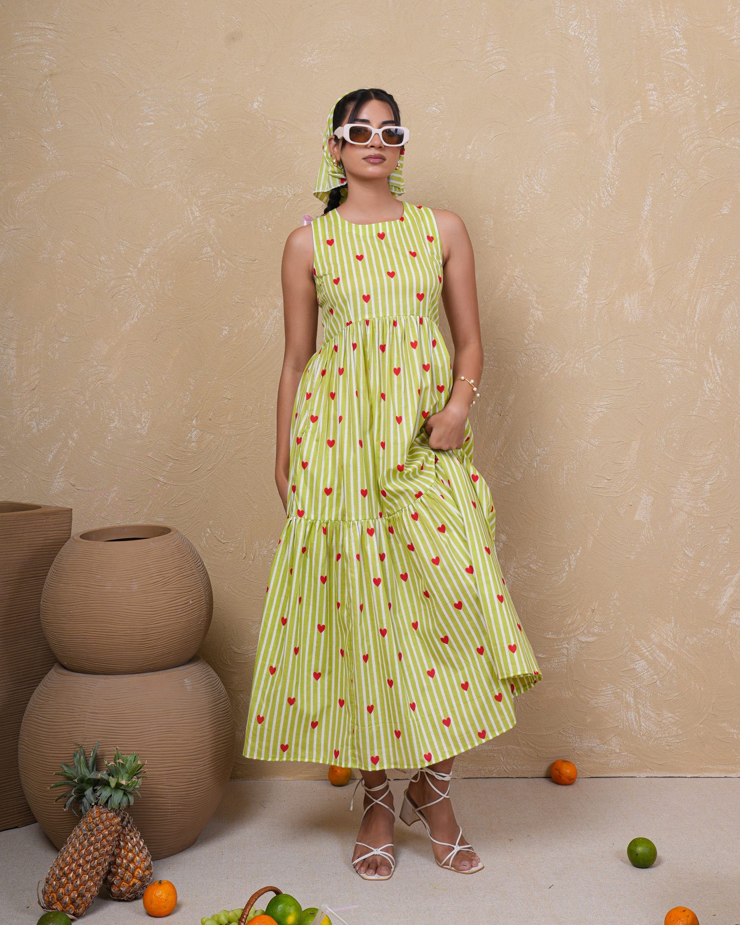 Lime Heart Stripe Pure Cotton Dress