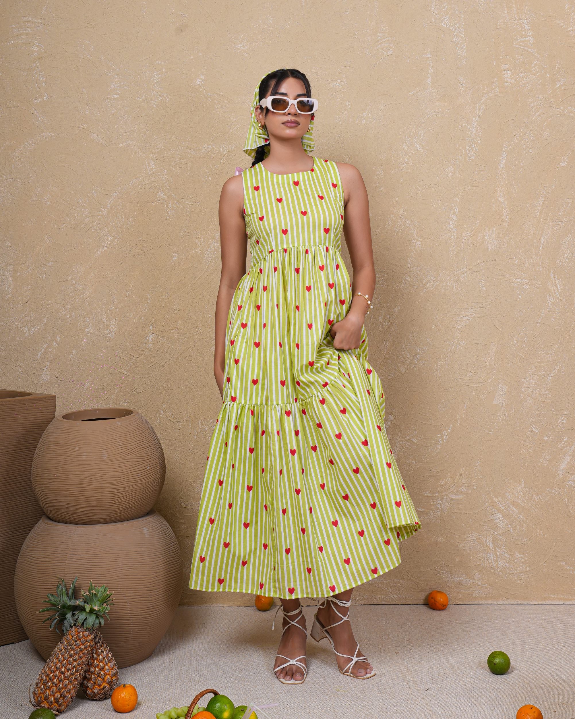 Lime Heart Stripe Pure Cotton Dress