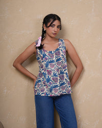 Indigo Bloom Front Open Pure Cotton Top