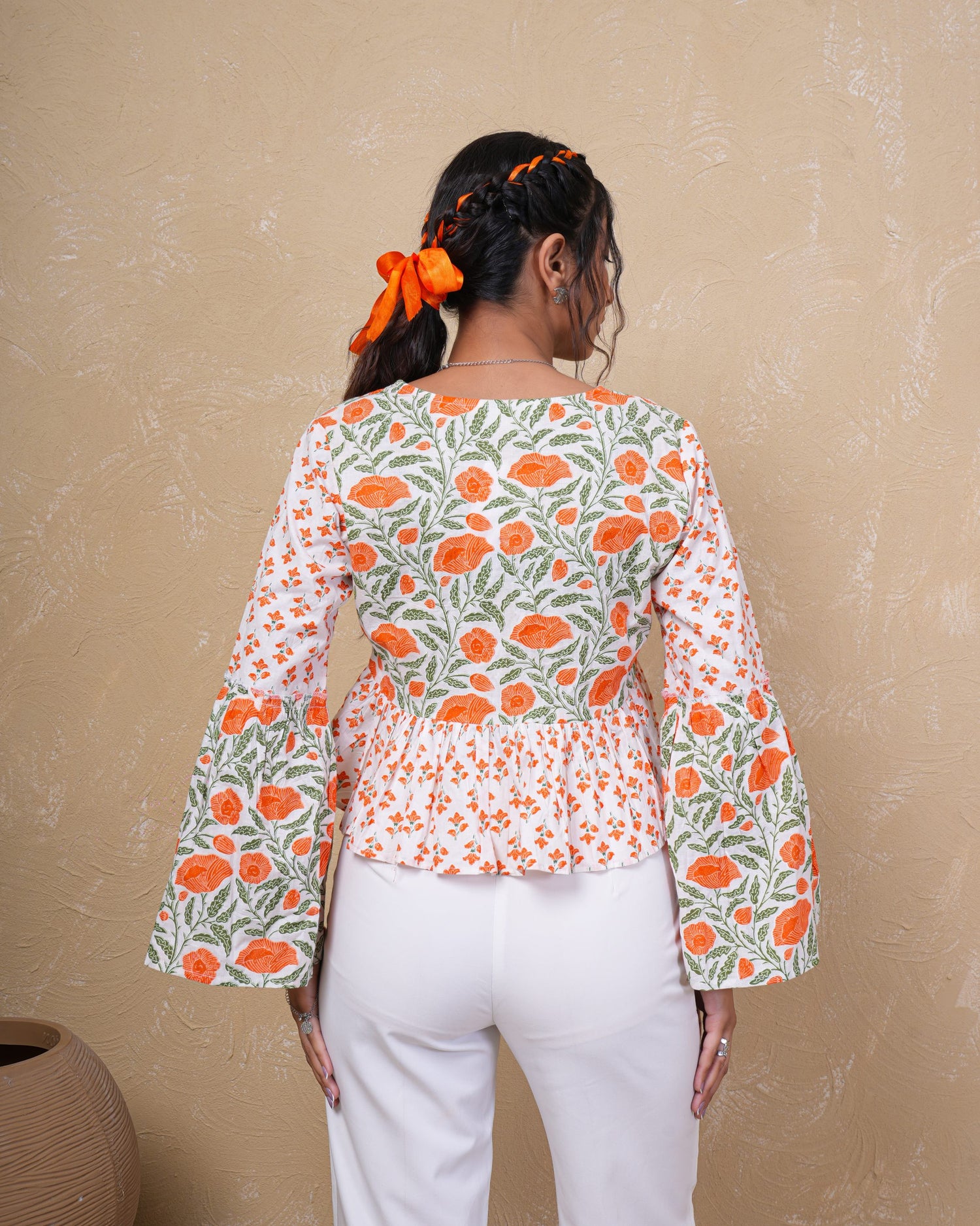 Tangerine Bloom Bell Sleeve Cotton Top