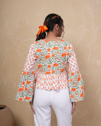 Tangerine Bloom Bell Sleeve Cotton Top