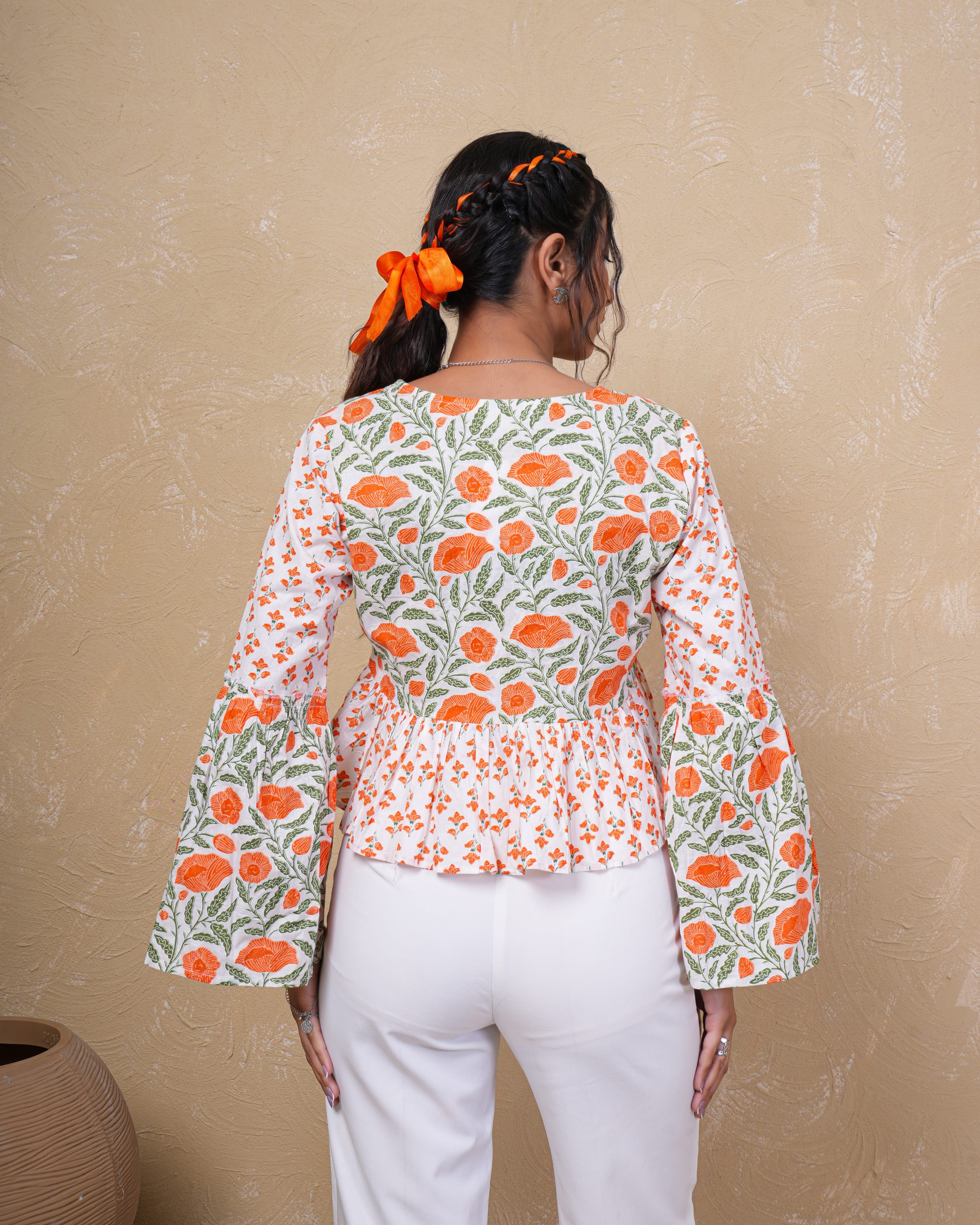Tangerine Bloom Bell Sleeve Cotton Top