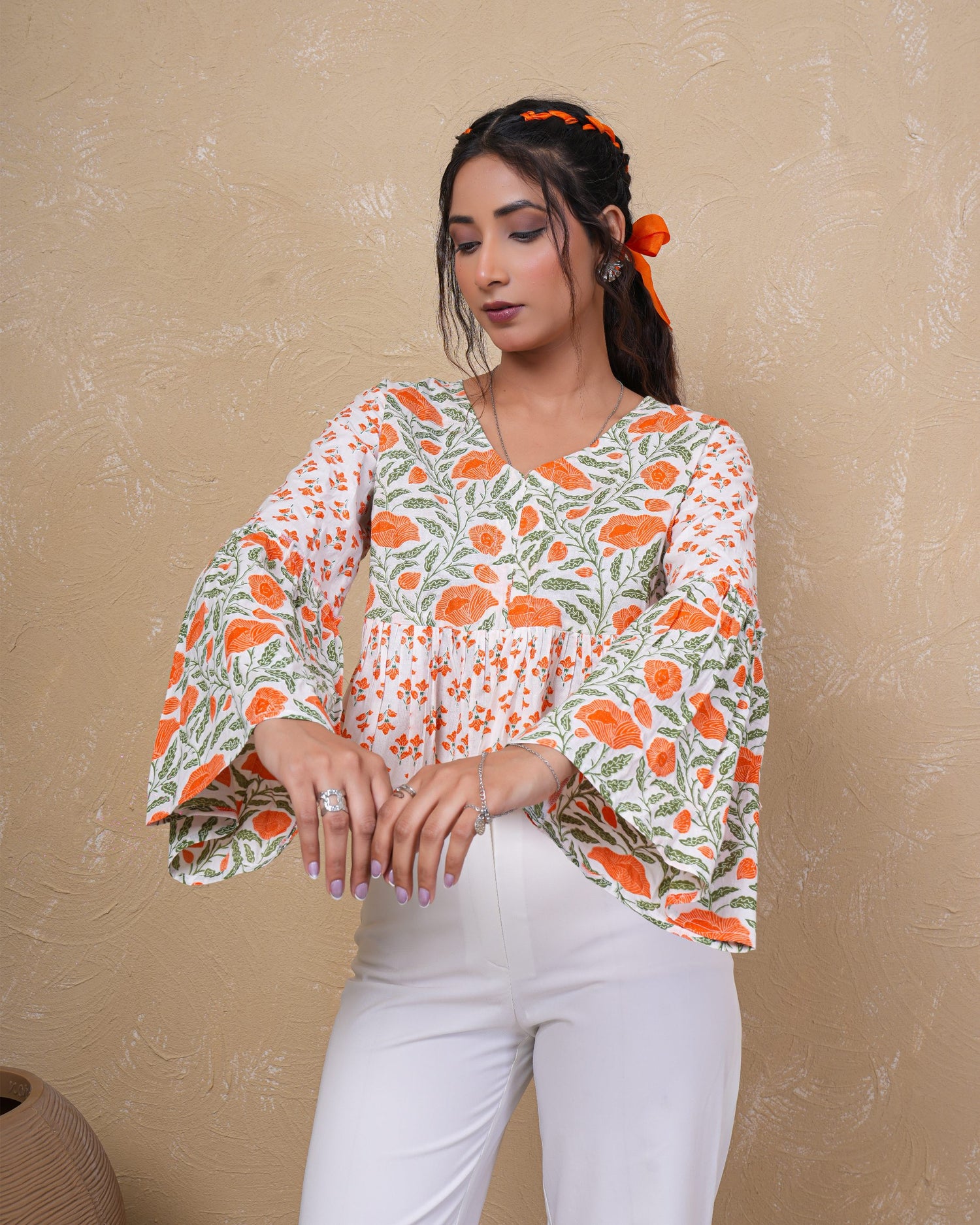 Tangerine Bloom Bell Sleeve Cotton Top