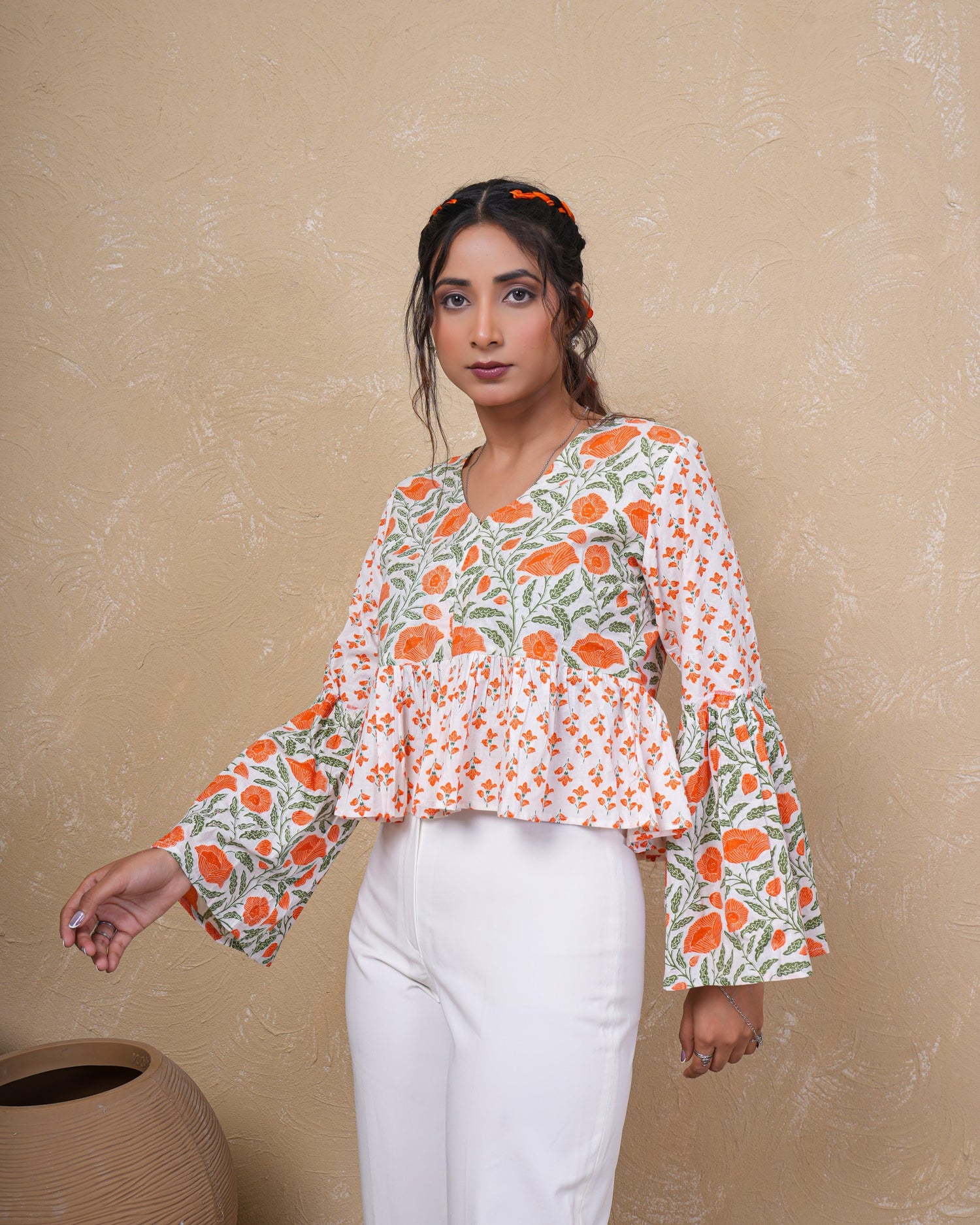 Tangerine Bloom Bell Sleeve Cotton Top