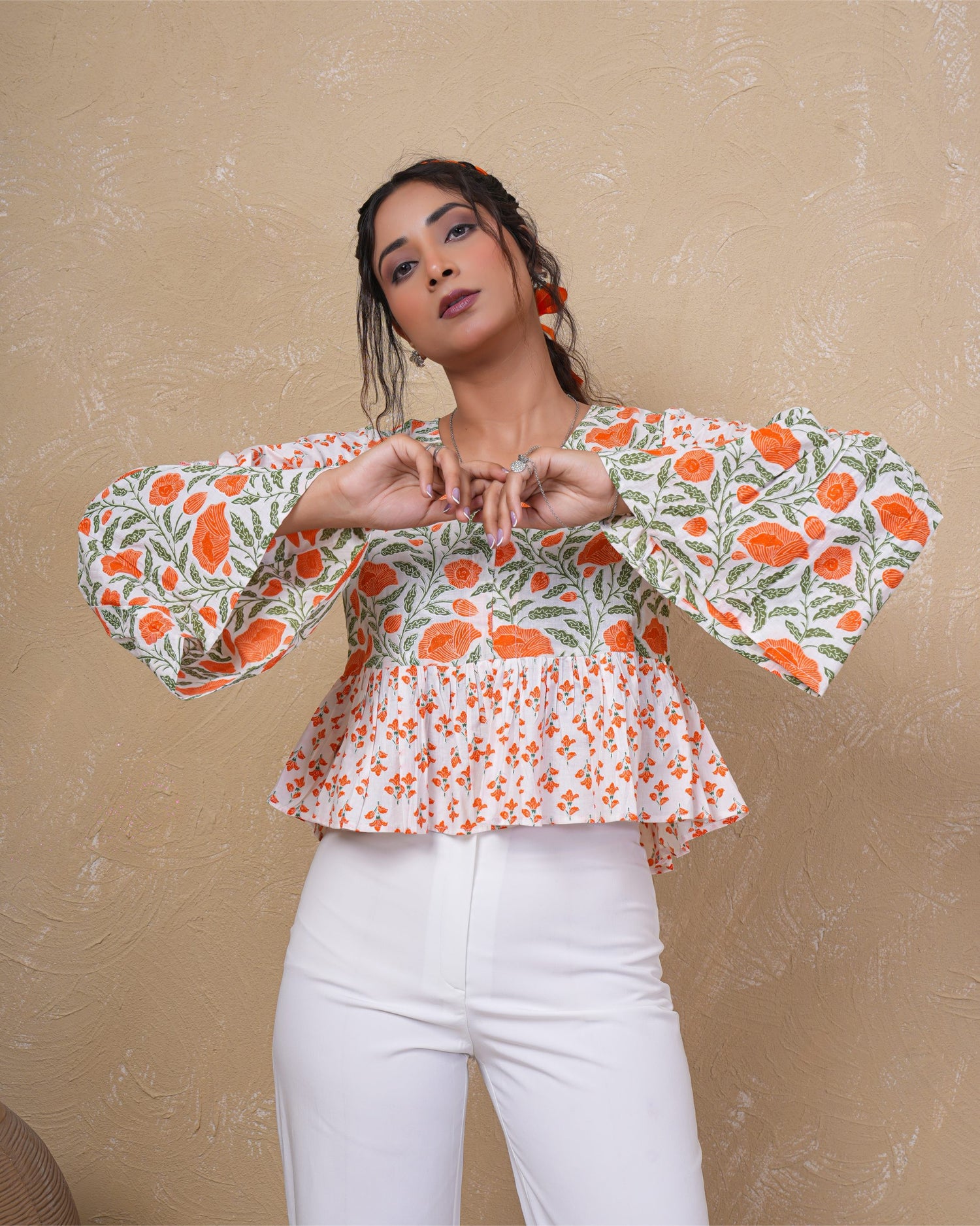 Tangerine Bloom Bell Sleeve Cotton Top