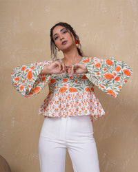 Tangerine Bloom Bell Sleeve Cotton Top