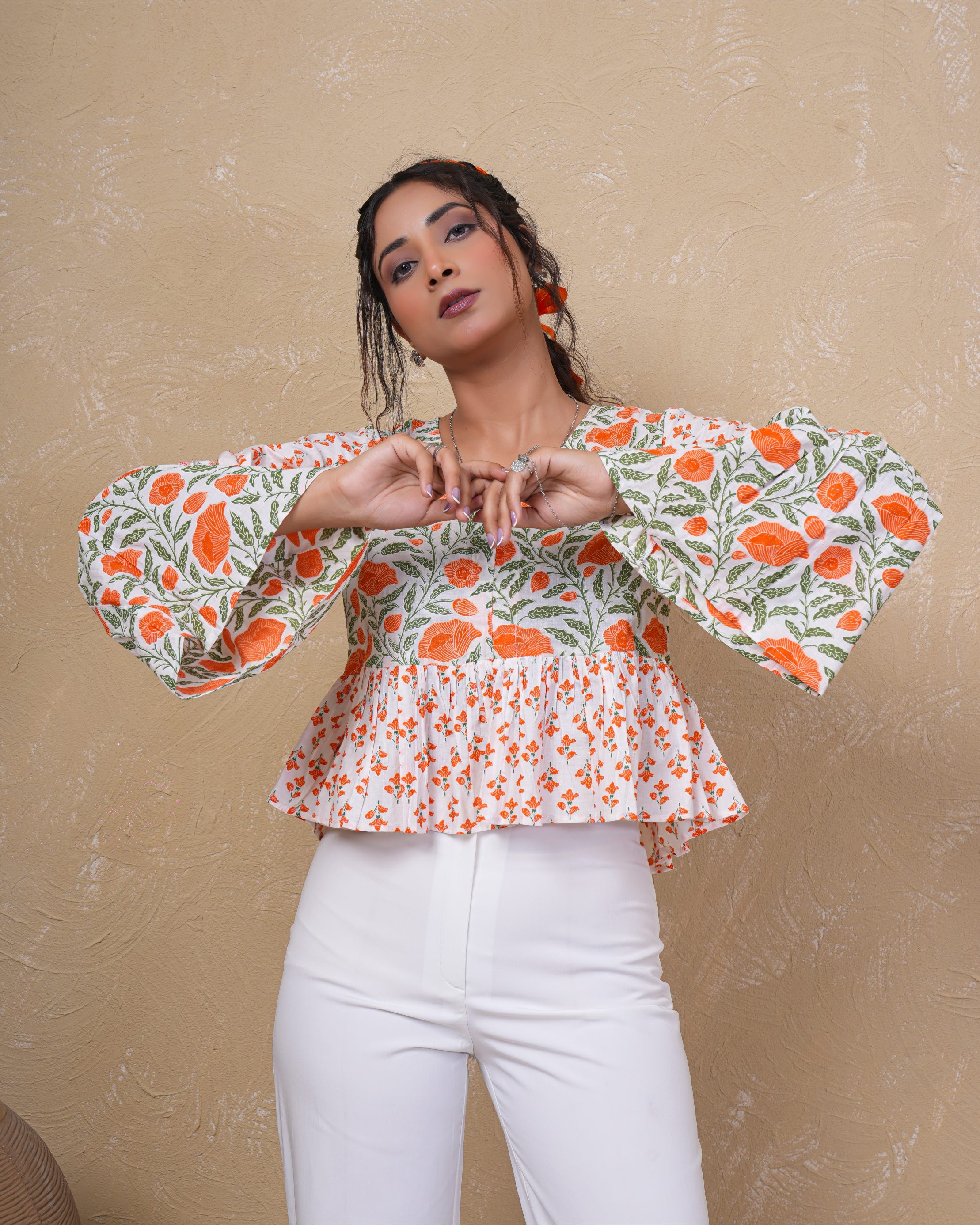 Tangerine Bloom Bell Sleeve Cotton Top