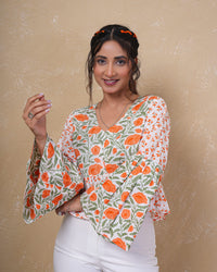 Tangerine Bloom Bell Sleeve Cotton Top