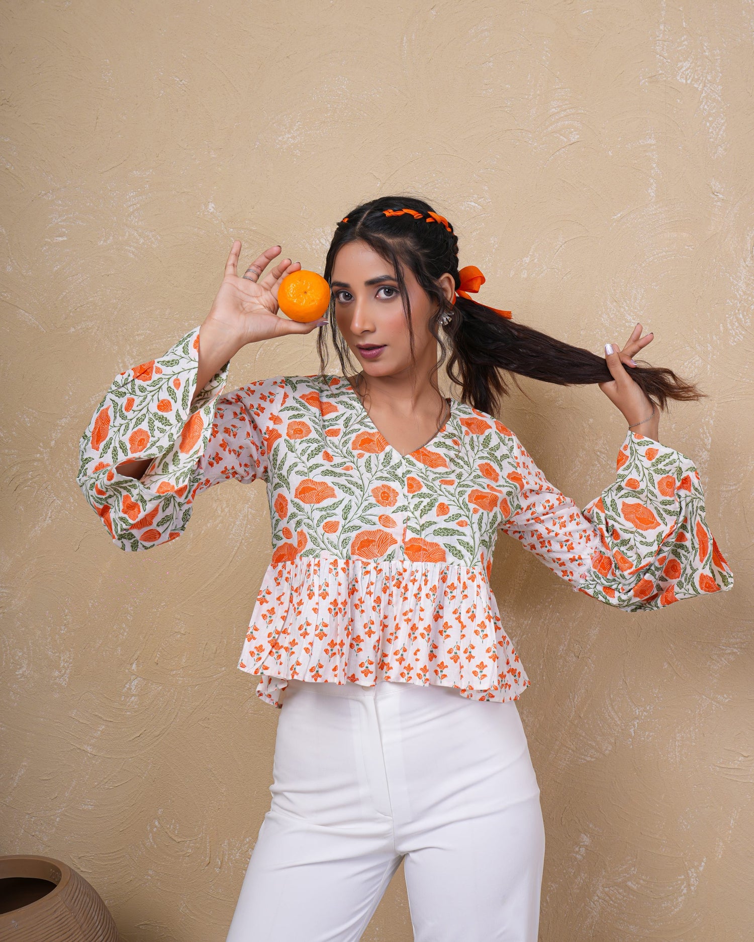 Tangerine Bloom Bell Sleeve Cotton Top