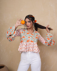 Tangerine Bloom Bell Sleeve Cotton Top