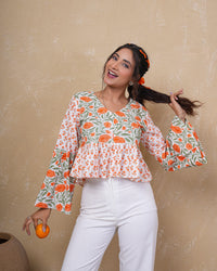 Tangerine Bloom Bell Sleeve Cotton Top