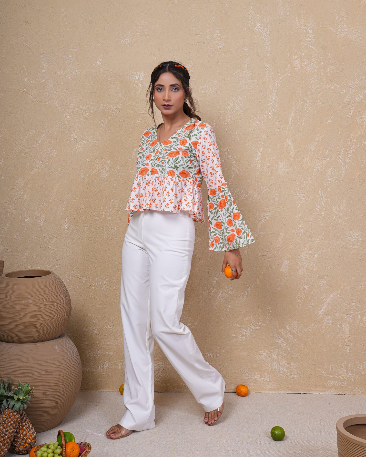 Tangerine Bloom Bell Sleeve Cotton Top