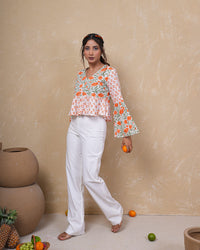 Tangerine Bloom Bell Sleeve Cotton Top