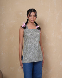 Sage Bloom Lace-Up Cotton Top