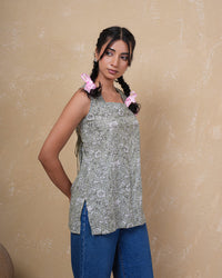 Sage Bloom Lace-Up Cotton Top