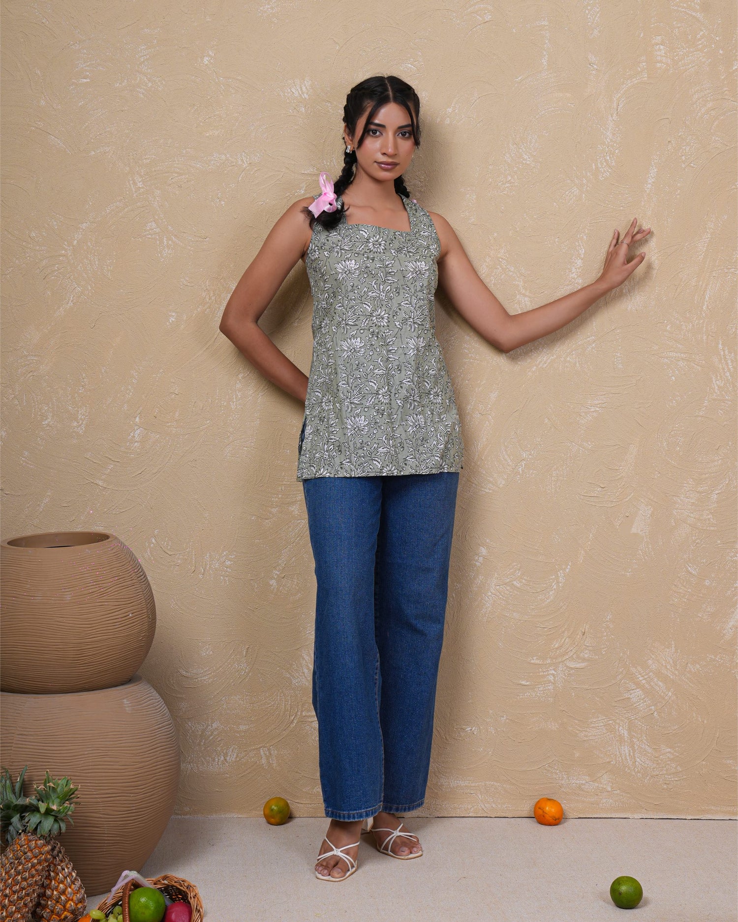 Sage Bloom Lace-Up Cotton Top