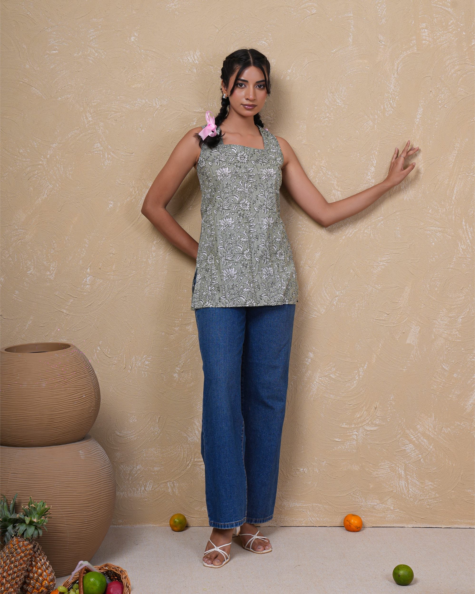 Sage Bloom Lace-Up Cotton Top
