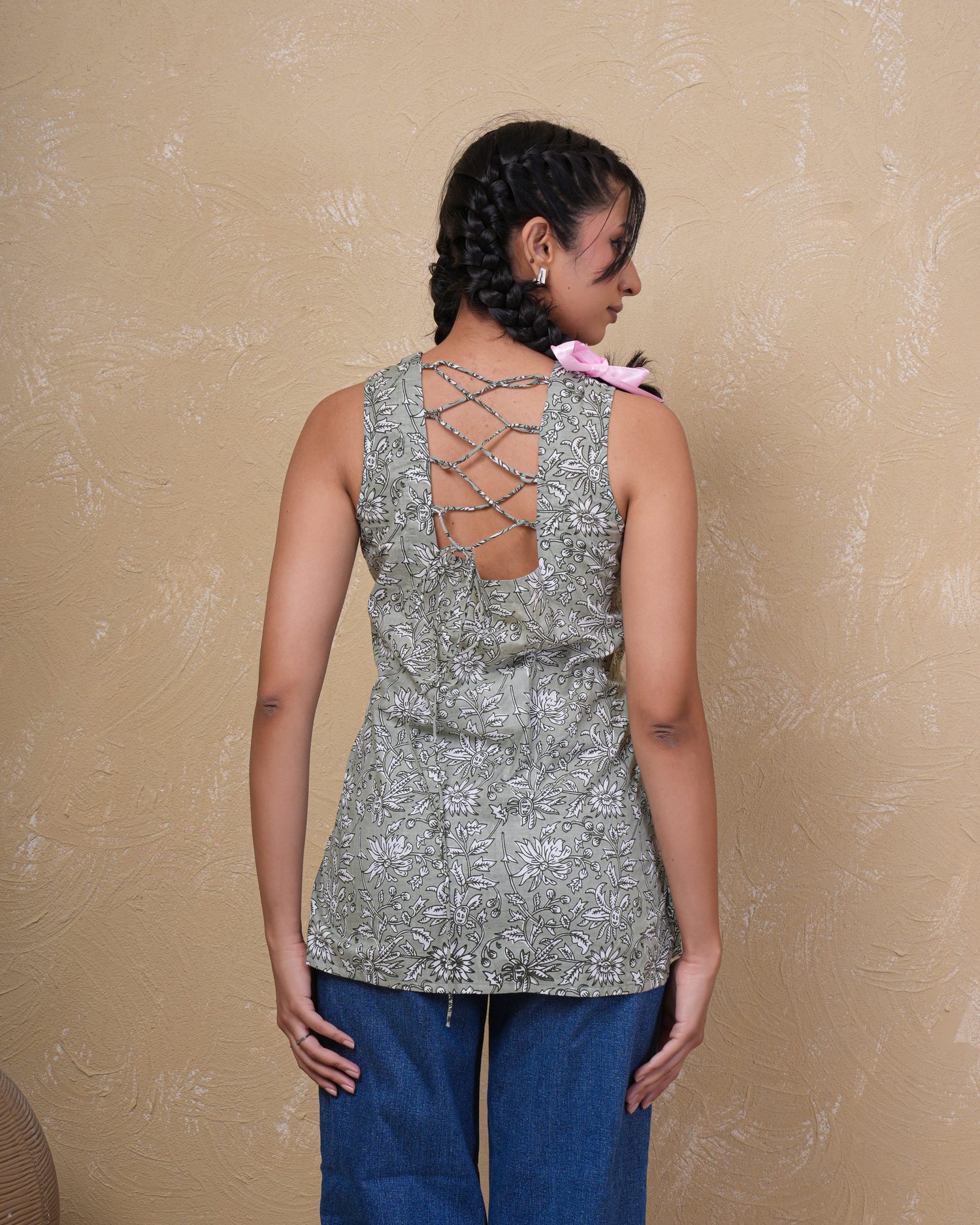 Sage Bloom Lace-Up Cotton Top
