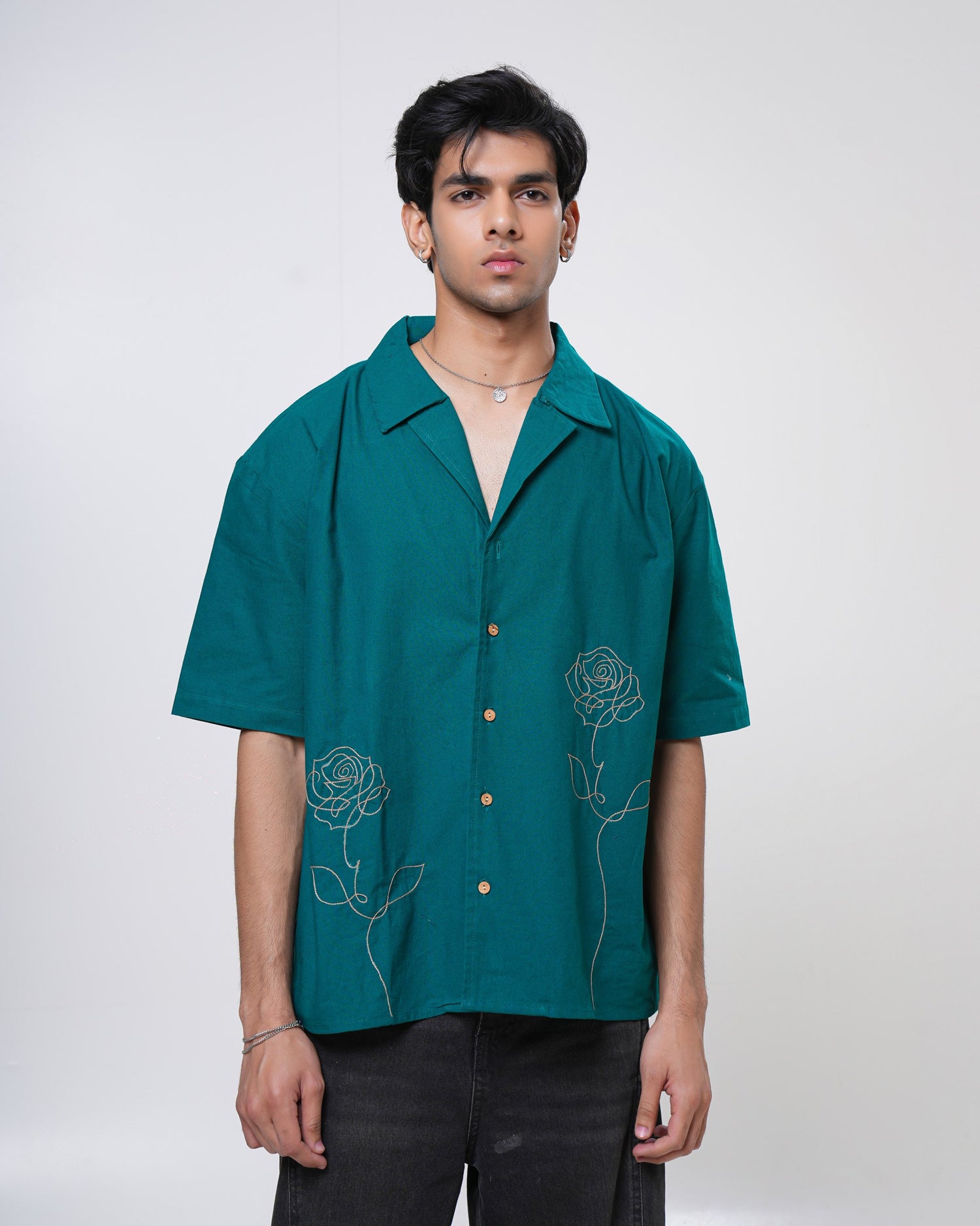 Emerald Rose Hand Embroidered Men’s Shirt