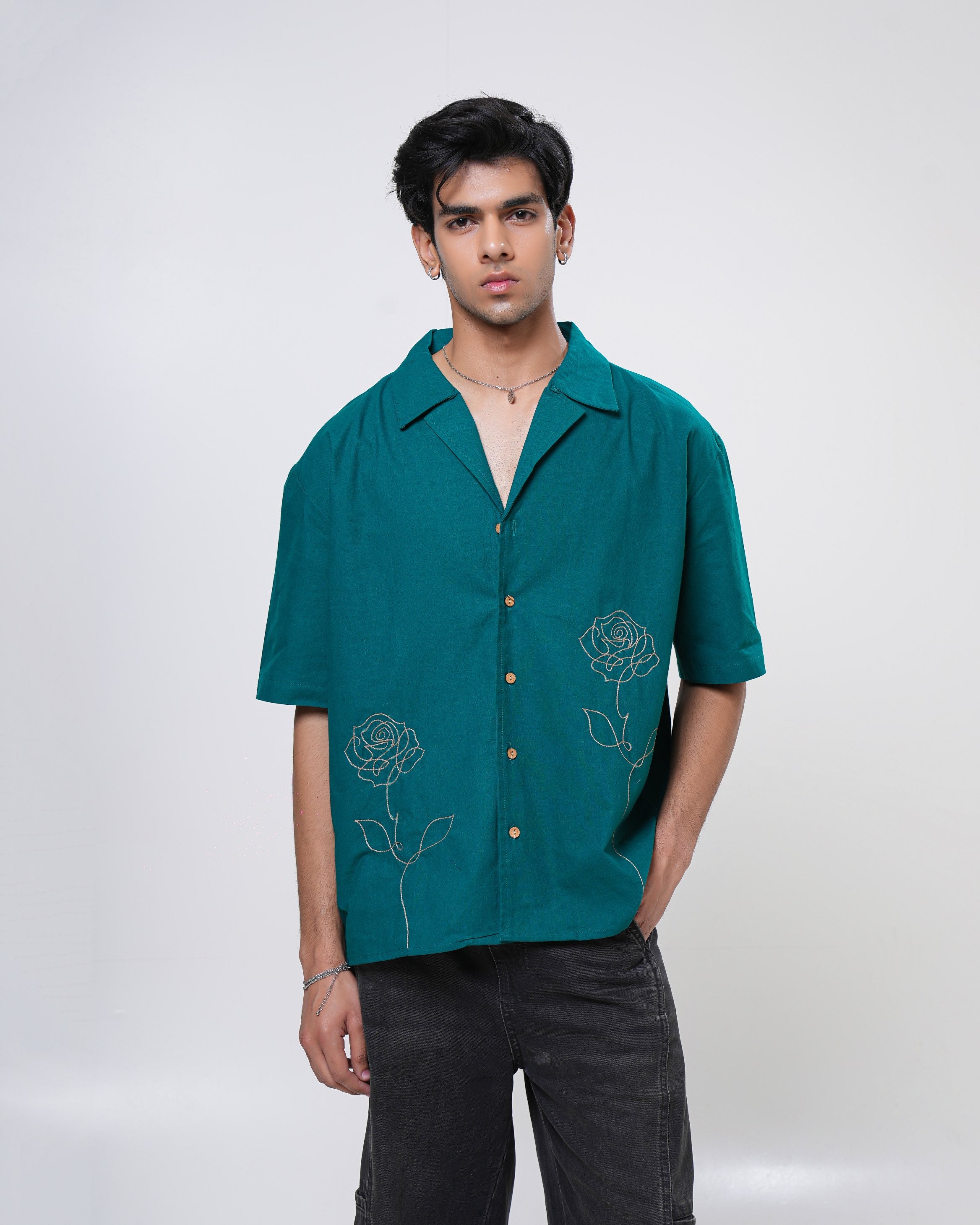 Emerald Rose Hand Embroidered Men’s Shirt