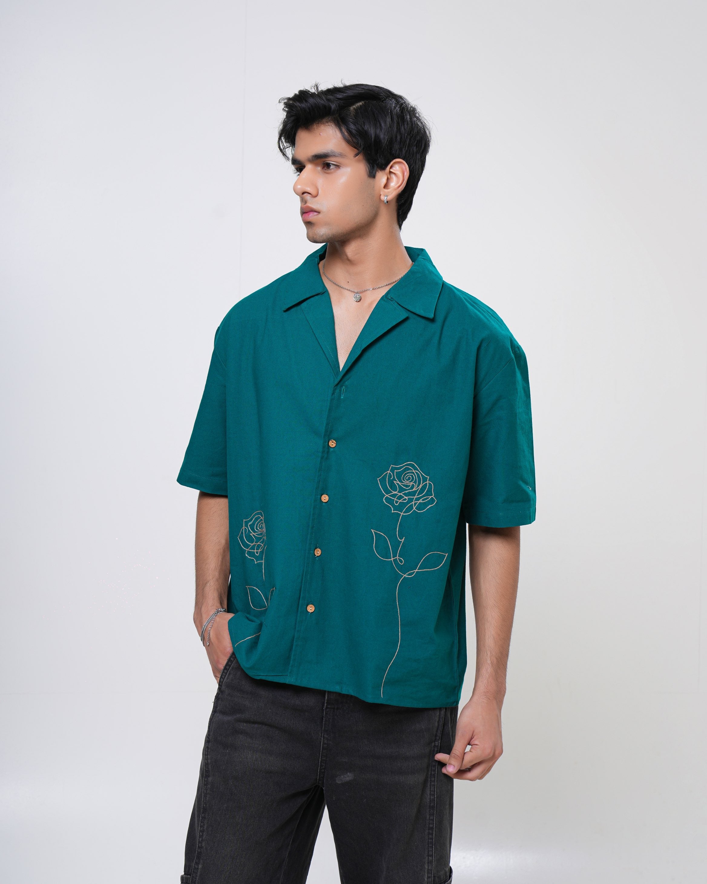 Emerald Rose Hand Embroidered Men’s Shirt