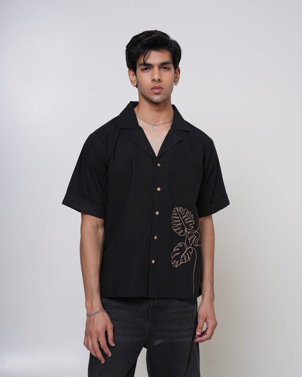 Midnight Monstera Hand Embroidered Men’s Shirt