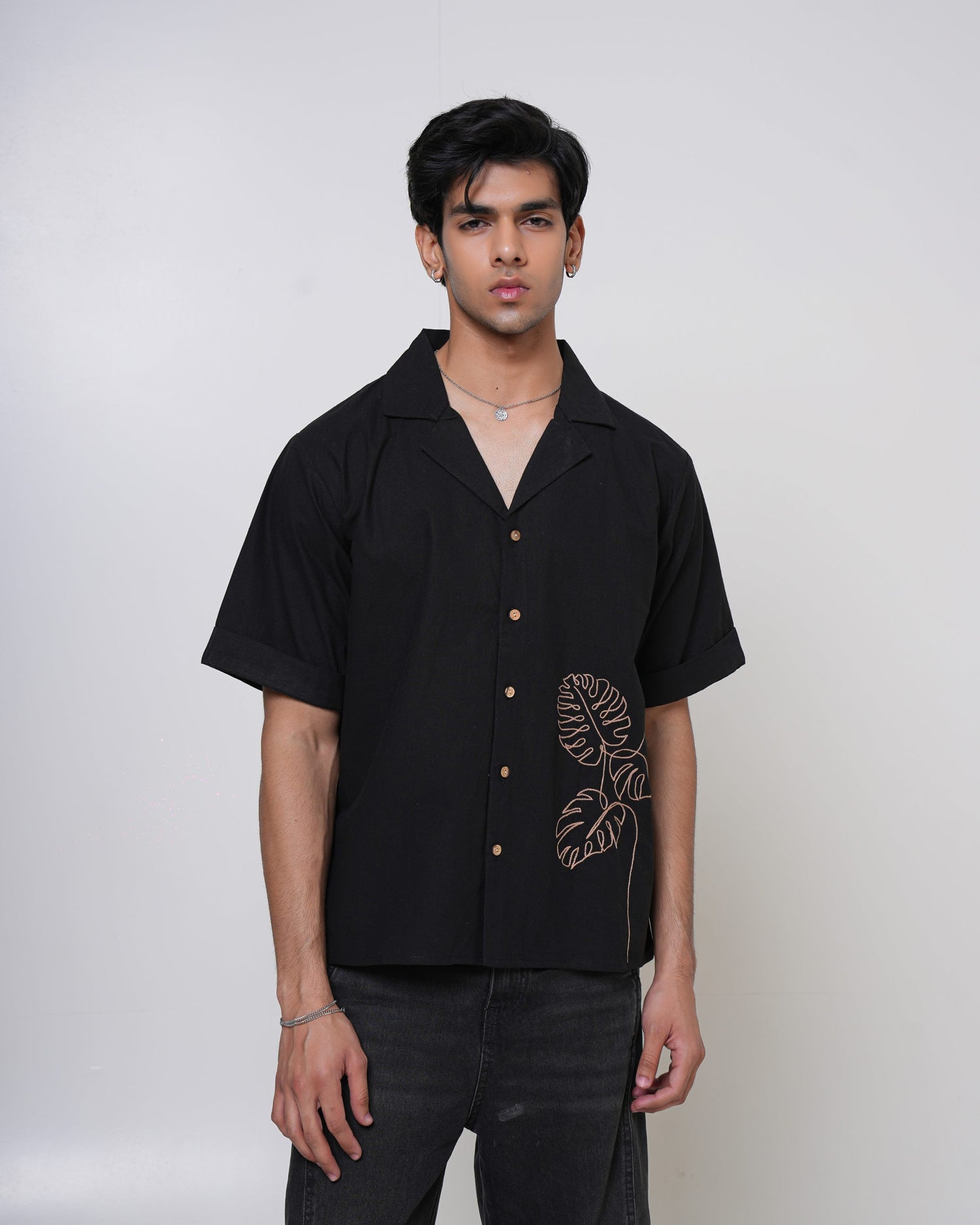 Midnight Monstera Hand Embroidered Men’s Shirt