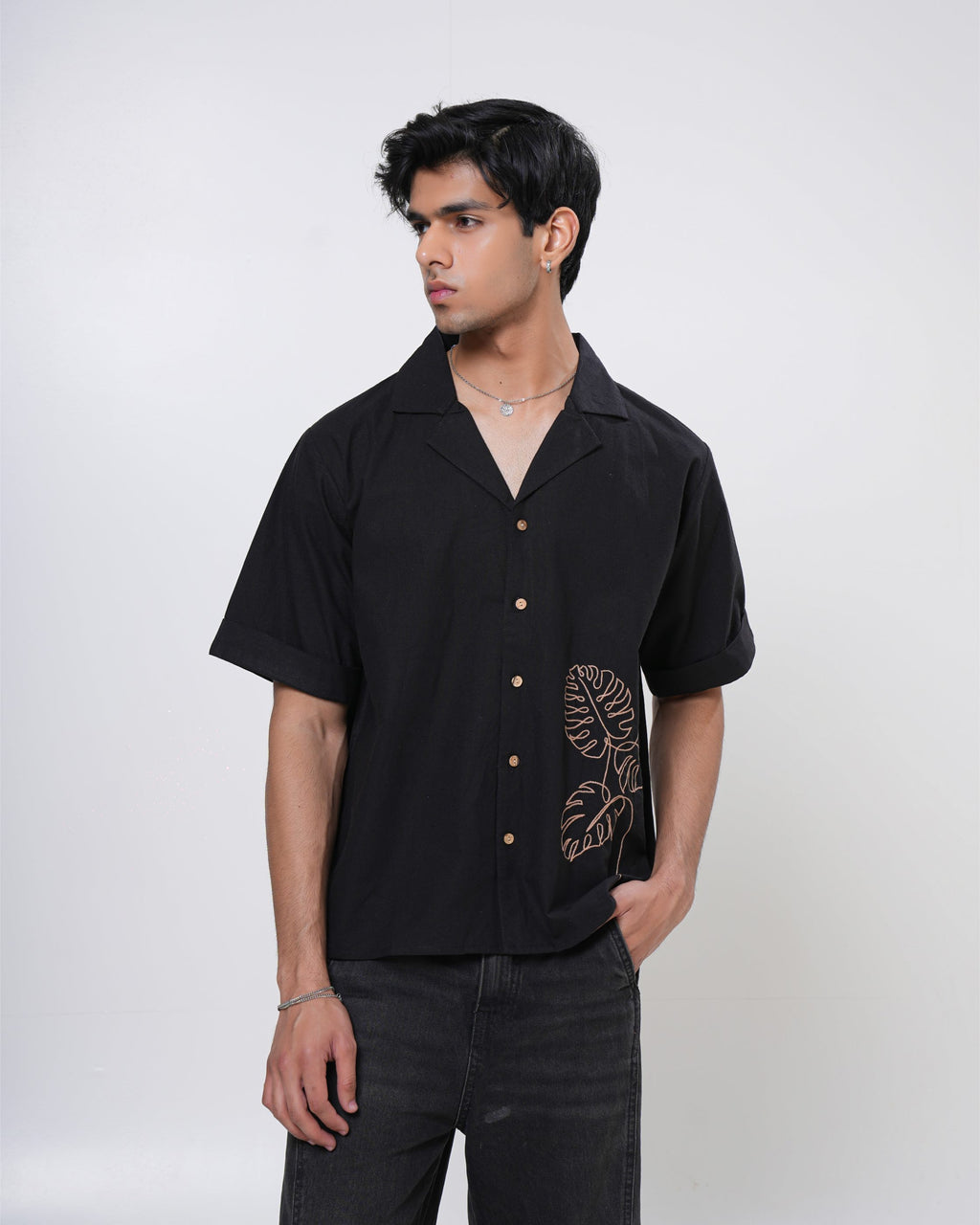Midnight Monstera Hand Embroidered Men’s Shirt