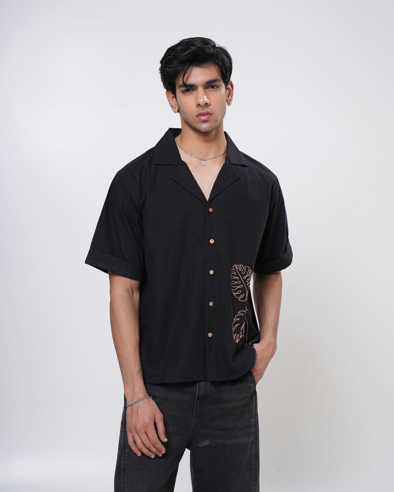 Midnight Monstera Hand Embroidered Men’s Shirt