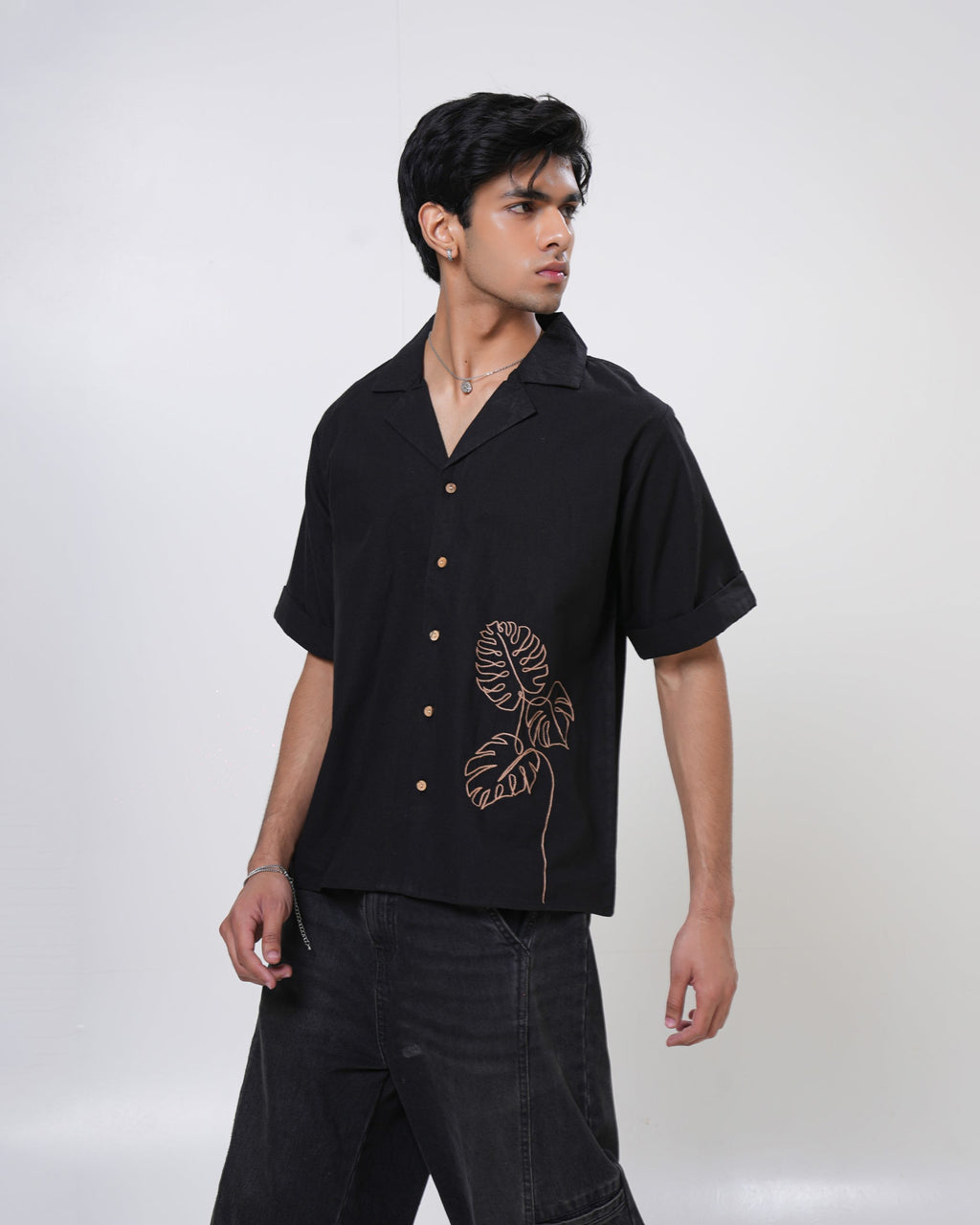 Midnight Monstera Hand Embroidered Men’s Shirt