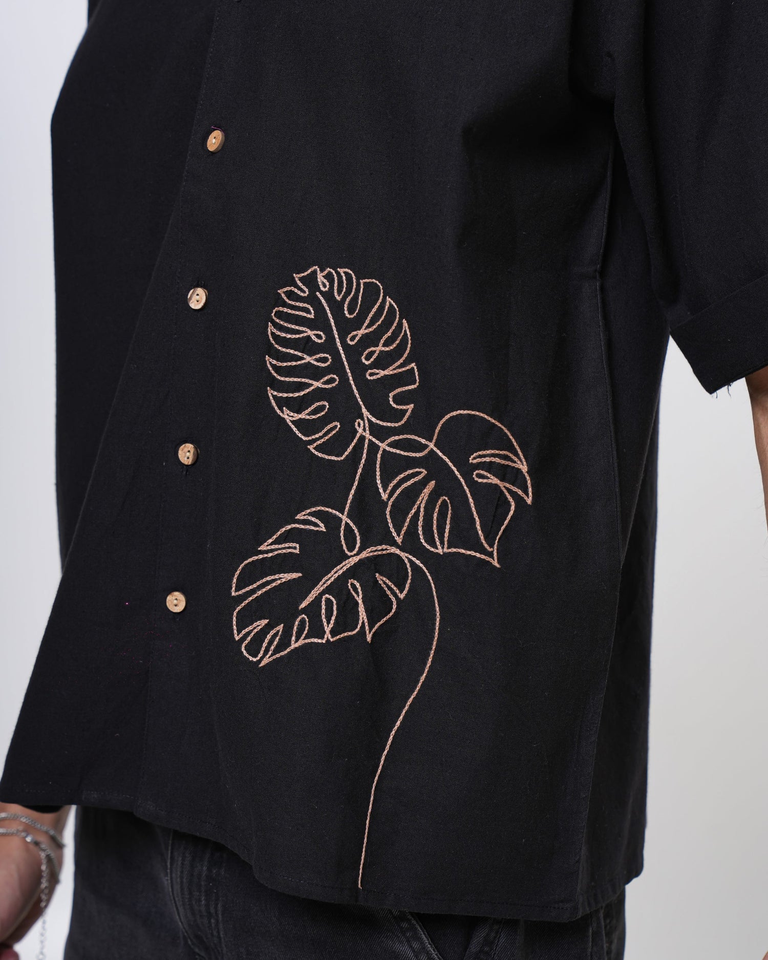 Midnight Monstera Hand Embroidered Men’s Shirt