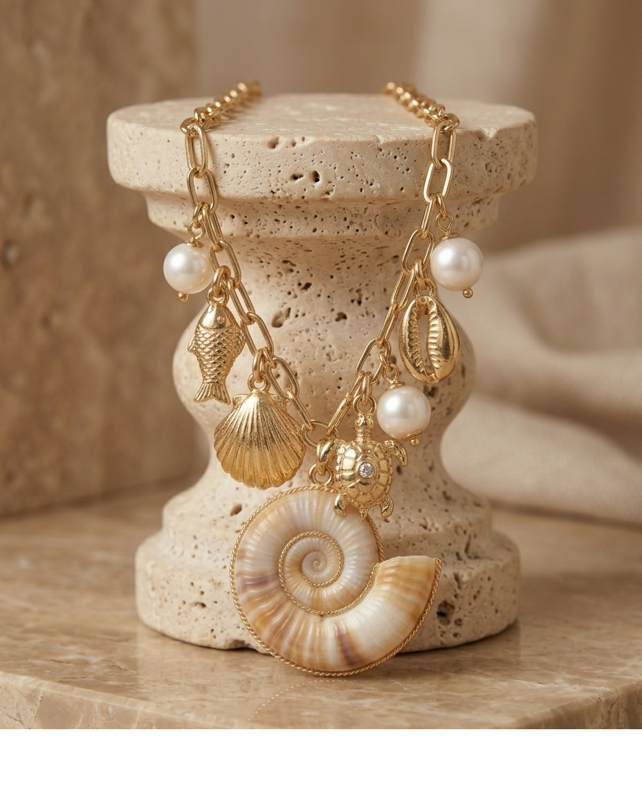 Ocean Treasure Charm Necklace with Shell, Turtle & Pearl Charms