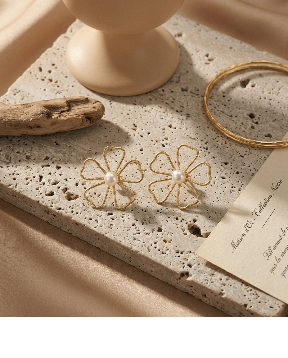 Pearl Flower Gold-Tone Stud Earrings for Women