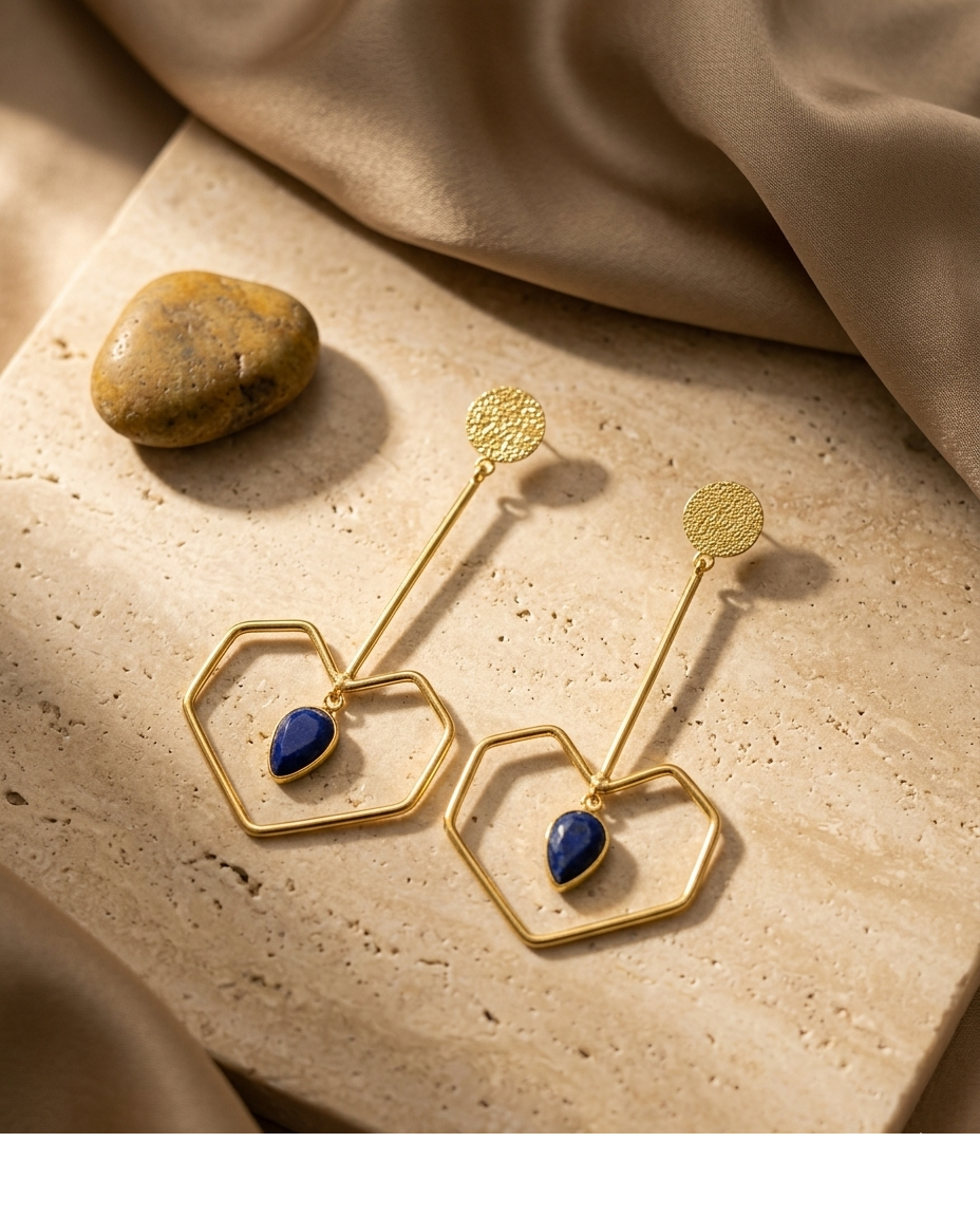 Blue Stone Geometric Drop Earrings in Gold-Tone Finish for Women