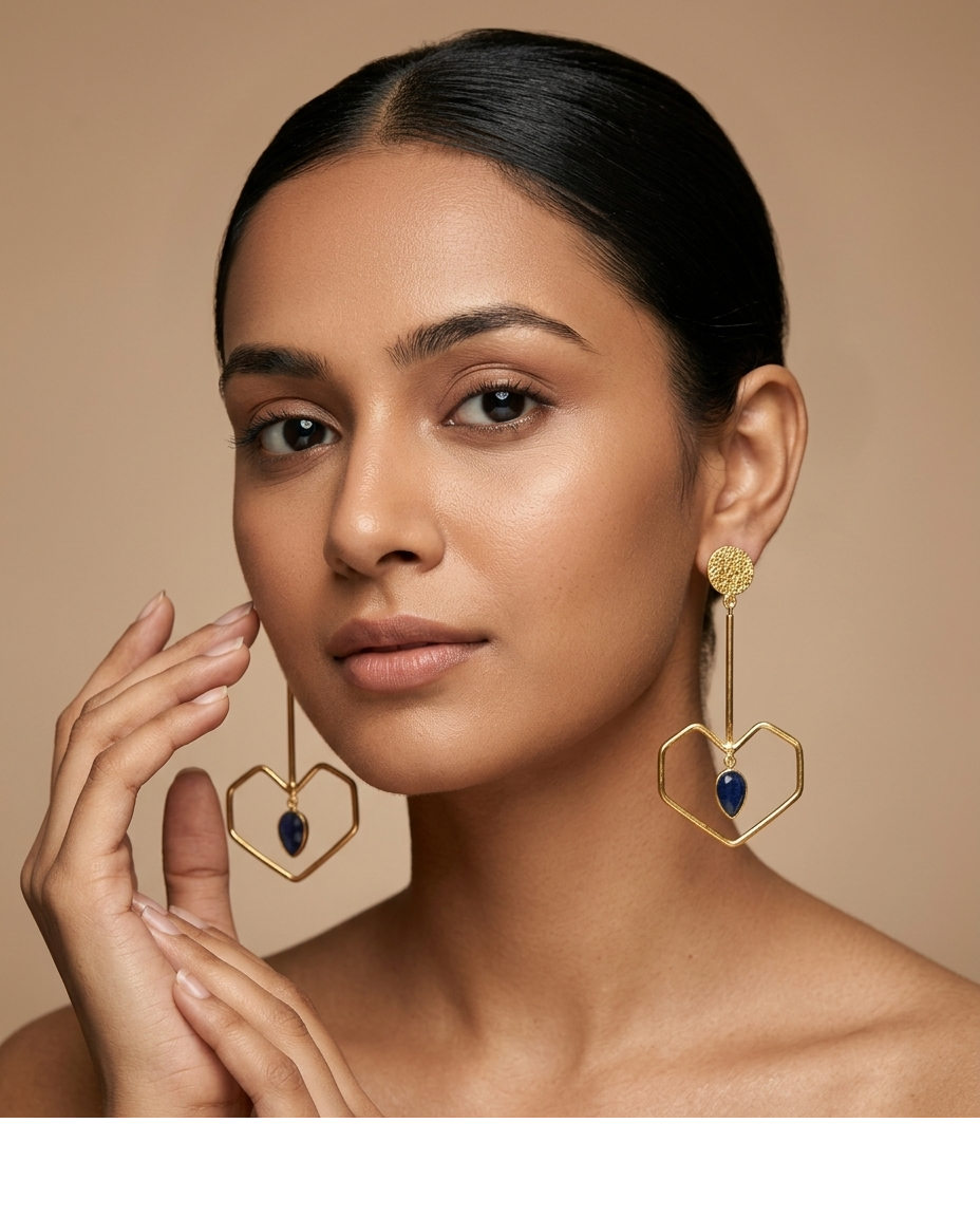 Blue Stone Geometric Drop Earrings in Gold-Tone Finish for Women