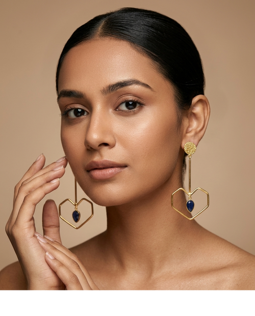 Blue Stone Geometric Drop Earrings in Gold-Tone Finish for Women