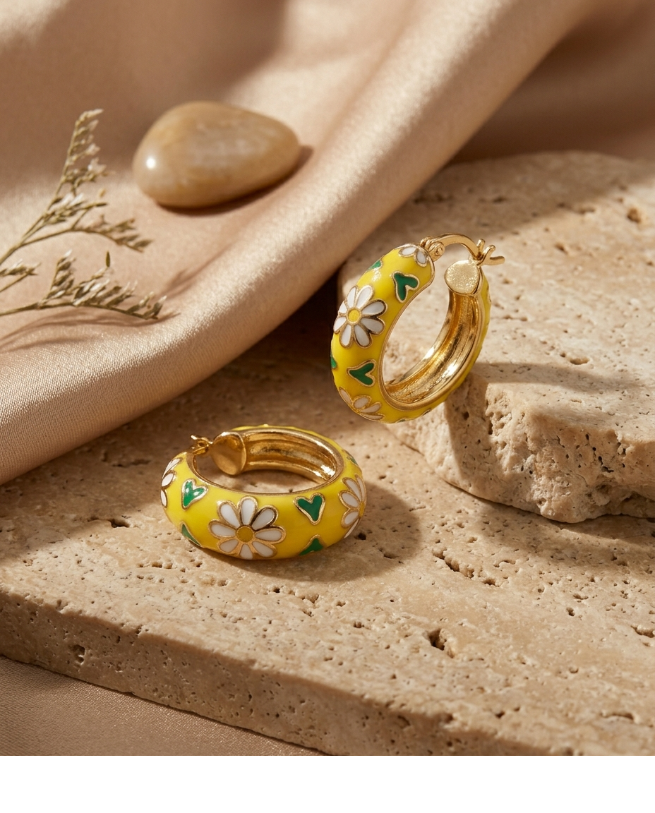 Daisy Love Yellow Enamel Gold Plated Hoop Earrings for Women