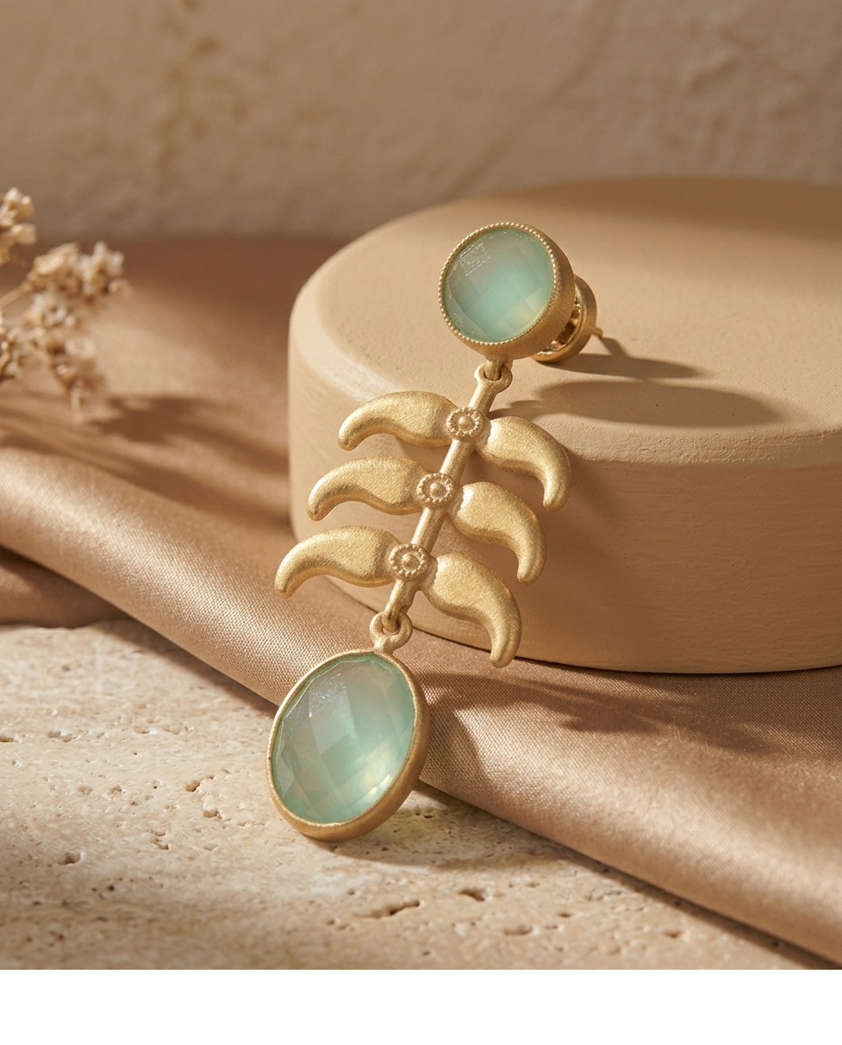 Mint Green Stone Palm Leaf Drop Earrings for Women