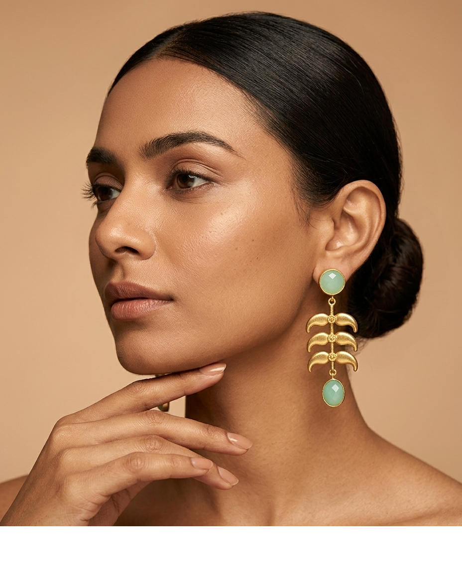 Mint Green Stone Palm Leaf Drop Earrings for Women