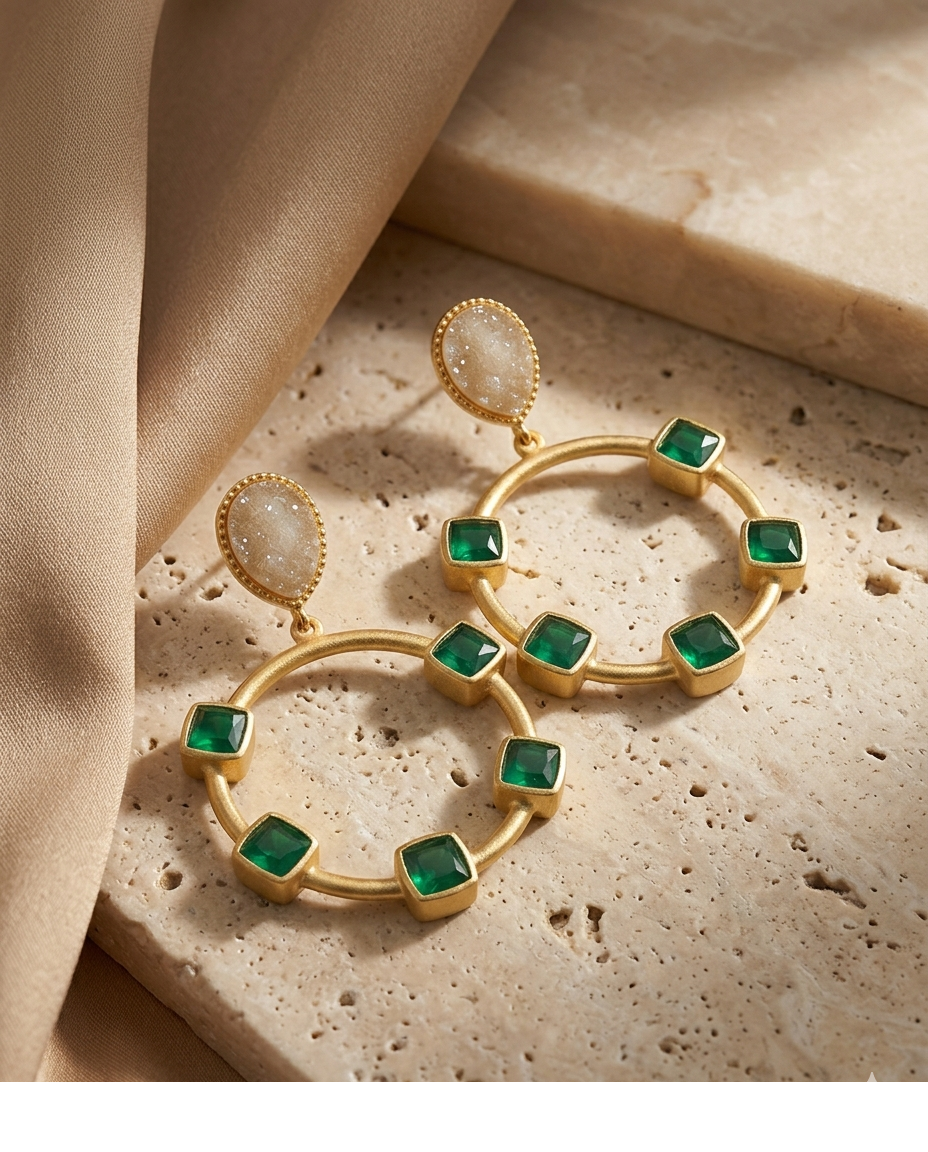Green Emerald Geometric Hoop Drop Earrings with White Stone for Women