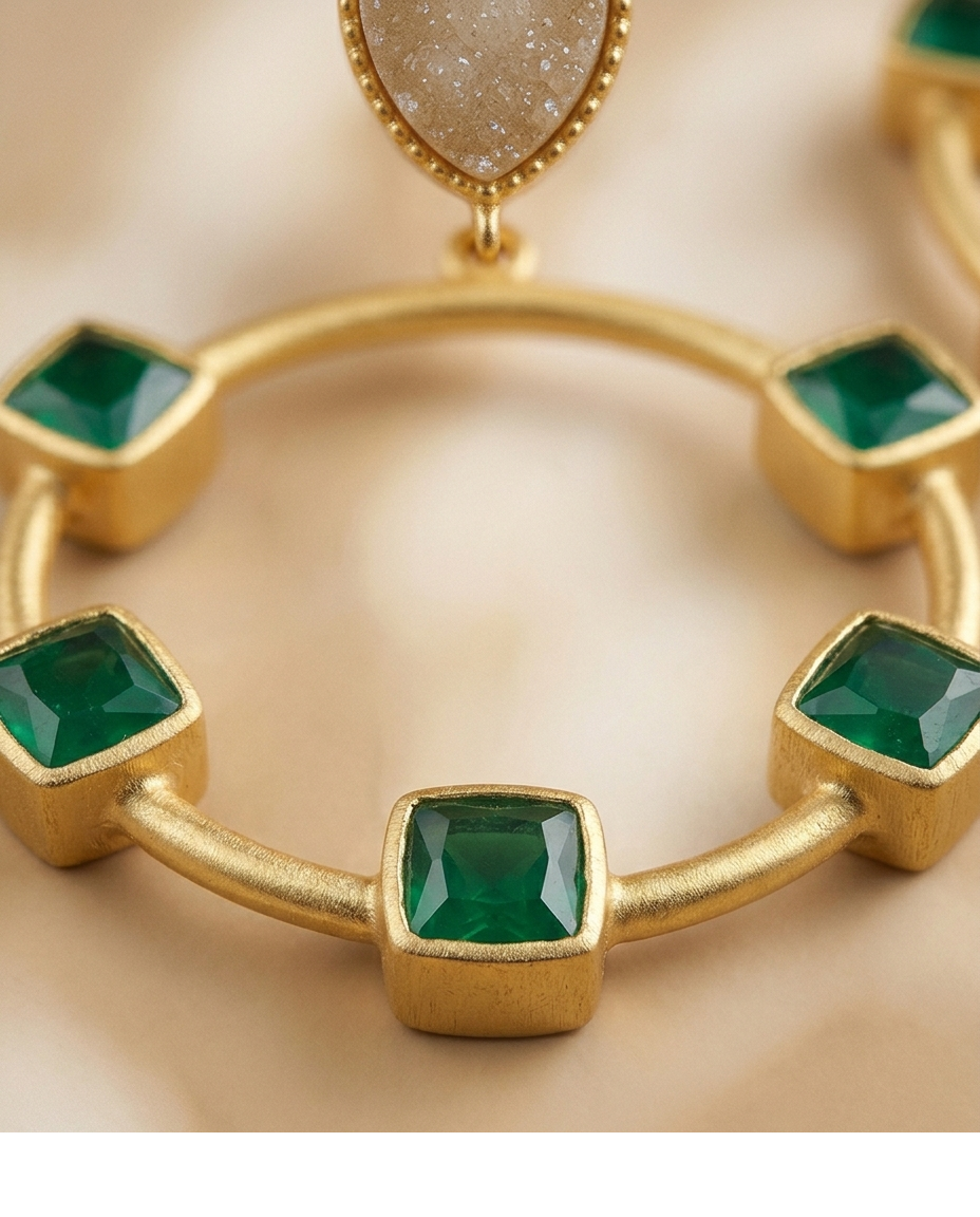 Green Emerald Geometric Hoop Drop Earrings with White Stone for Women